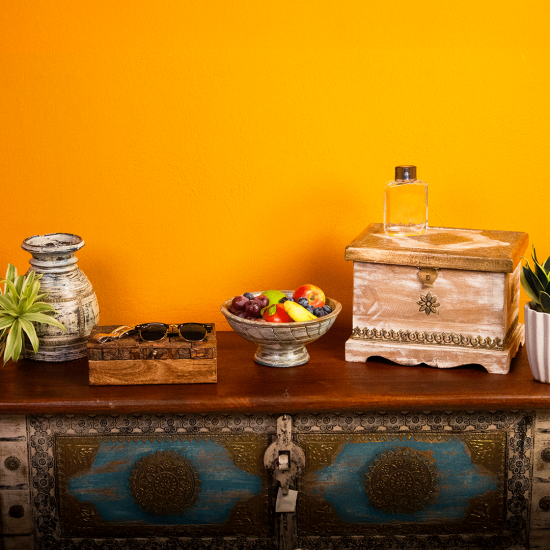 Distressed white wooden Jewellery box with brass hand work Distressed white wooden Jewellery box with brass hand work