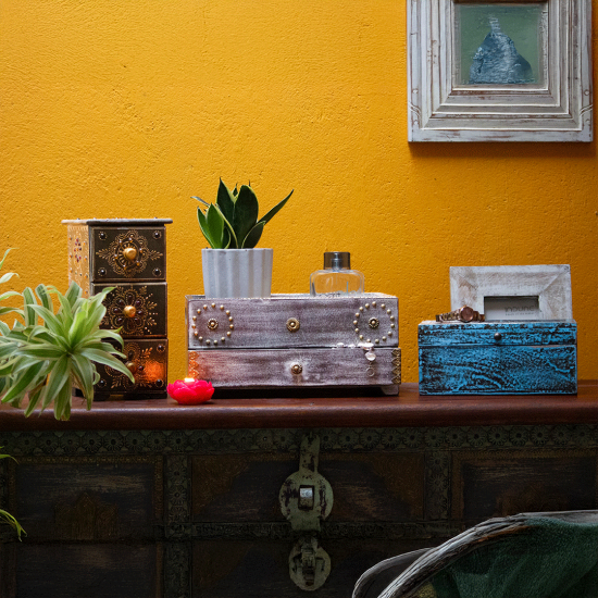 distressed blue wooden jewellery box Indune