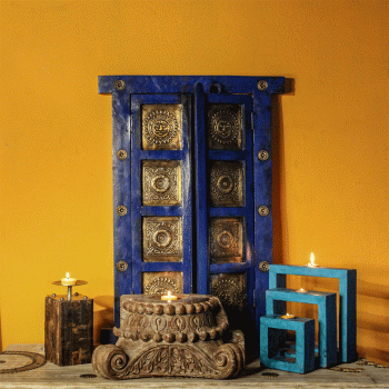 Wooden decorative window with brass art deep dark blue wall decor