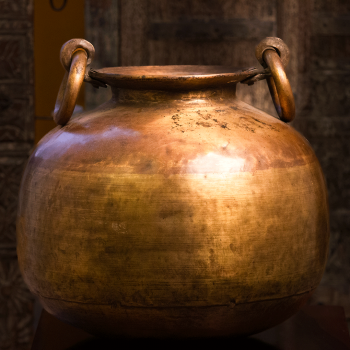 Antique heavy copper and brass vessel – large metal decorative pot front view