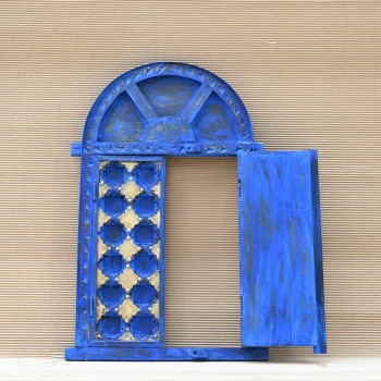 Distressed Blue Wooden Window Shaped Wall Piece
