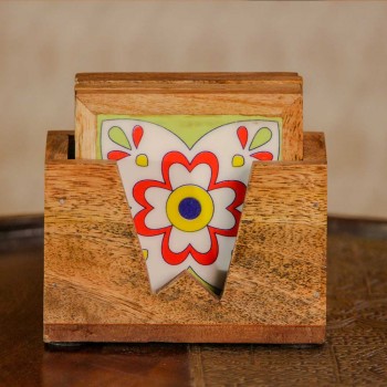 Ceramic tile natural wood coaster set multicolor Indian handicraft table decor