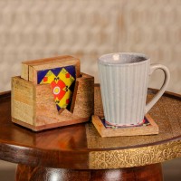 Ceramic tile natural wood coaster set multicolor Indian handicraft table decor