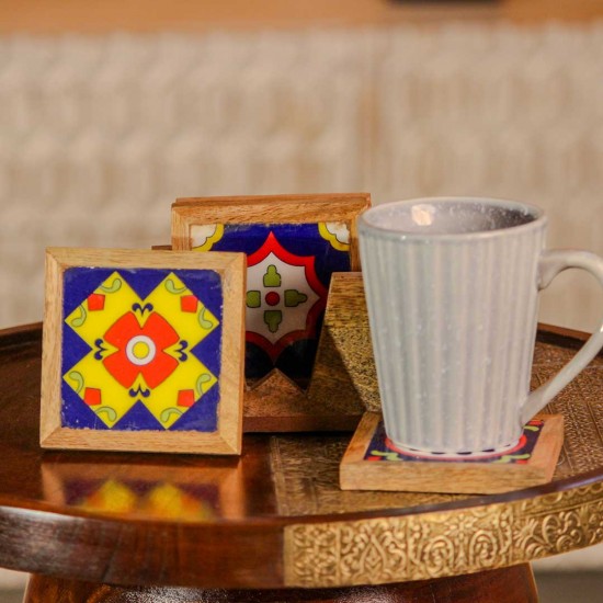 Ceramic tile natural wood coaster set multicolor Indian handicraft table decor