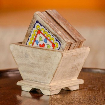Distressed White Wooden Kite Shaped Coasters with Ceramic Tiles