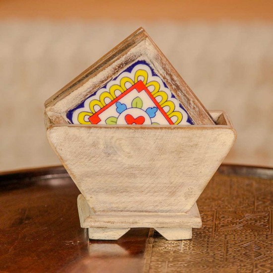 Distressed White Wooden Kite Shaped Coasters with Ceramic Tiles