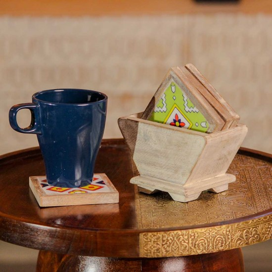 Distressed White Wooden Kite Shaped Coasters with Ceramic Tiles