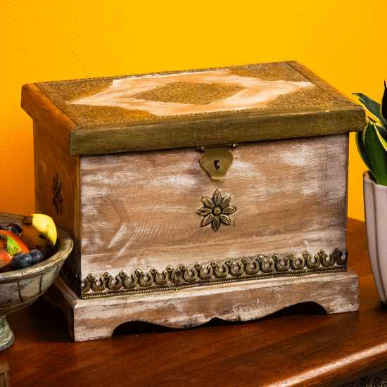 Distressed white wooden Jewellery box with brass hand work Distressed white wooden Jewellery box with brass hand work