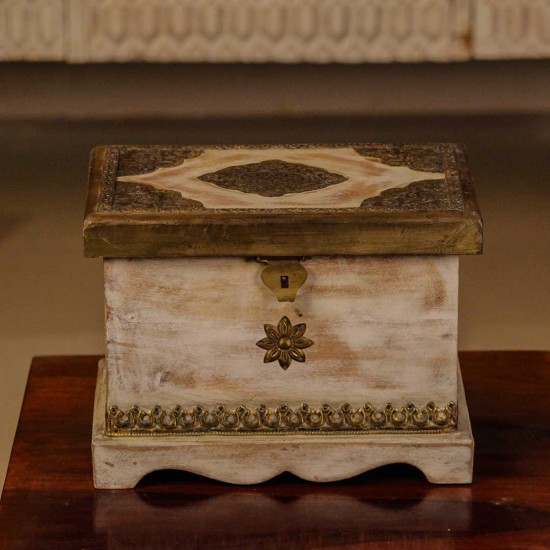 Distressed white wooden Jewellery box with brass hand work
