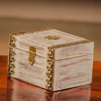 Elegant distressed white trinket box with brass hand work