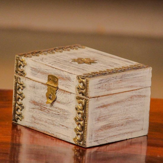 Elegant distressed white trinket box with brass hand work