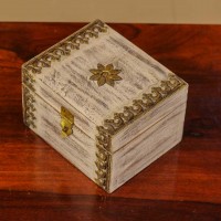 Elegant distressed white trinket box with brass hand work