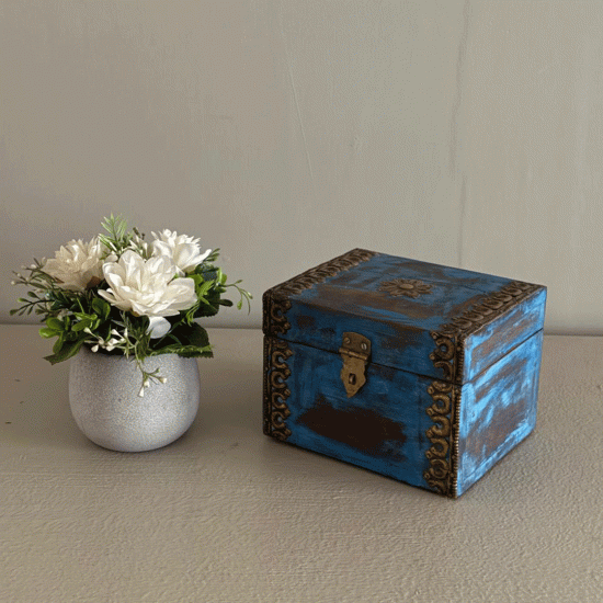 distressed blue wooden trinket box with brass hand-work Indune distressed blue wooden trinket box with brass hand-work Indune