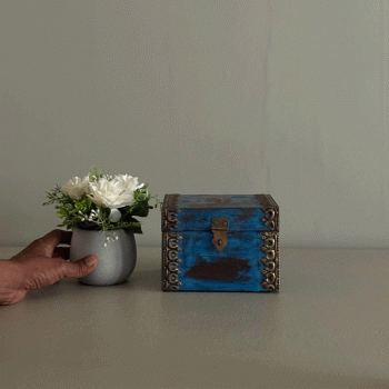 distressed blue wooden trinket box with brass hand-work Indune