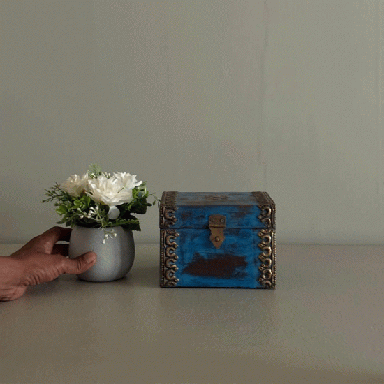 distressed blue wooden trinket box with brass hand-work Indune distressed blue wooden trinket box with brass hand-work Indune