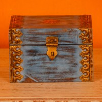 distressed blue wooden trinket box with brass hand-work Indune