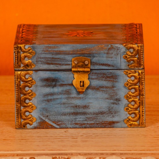 distressed blue wooden trinket box with brass hand-work Indune