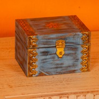 distressed blue wooden trinket box with brass hand-work Indune