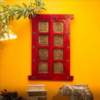 Wooden decorative window with brass art dark red wall decor Wooden decorative window with brass art dark red wall decor