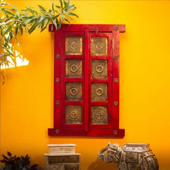 Wooden decorative window with brass art dark red wall decor