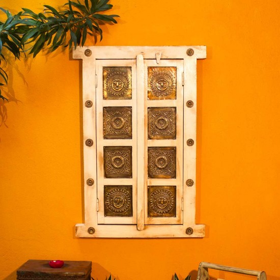 Wooden decorative window with brass art off-white wall decor Wooden decorative window with brass art off-white wall decor