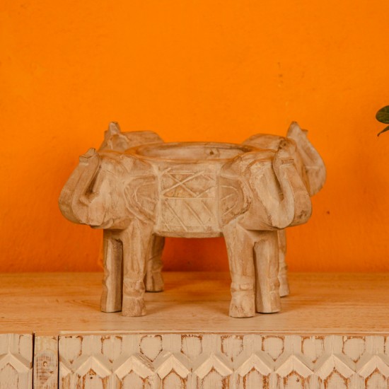 Handcarved natural wood four elephant decorative bowl stand Indian decor