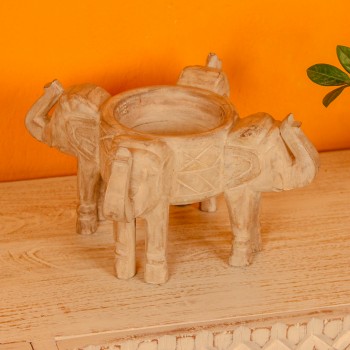 Handcarved natural wood four elephant decorative bowl stand Indian decor