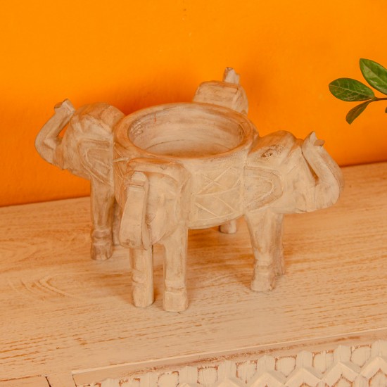 Handcarved natural wood four elephant decorative bowl stand Indian decor