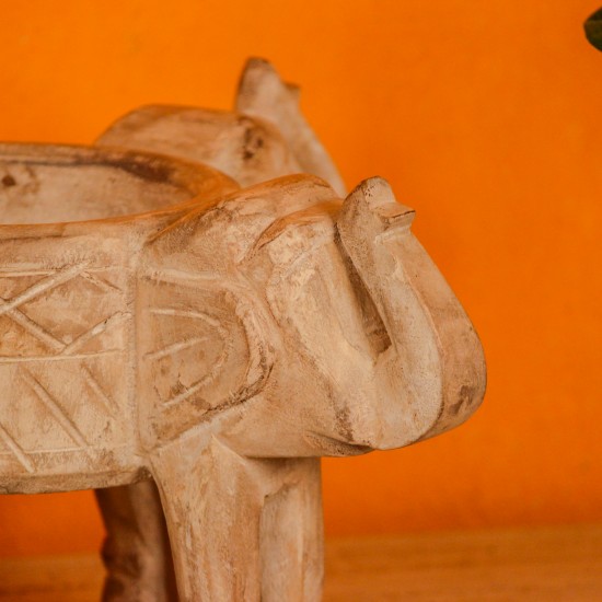 Handcarved natural wood four elephant decorative bowl stand Indian decor