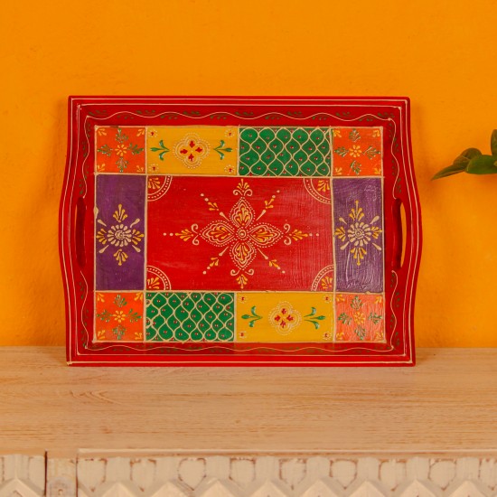 Hand Painted Wooden Serving Tray Medium | Rajasthani Decor Indian Handicraft Medium hand painted wooden serving tray paisley design Rajasthani decor