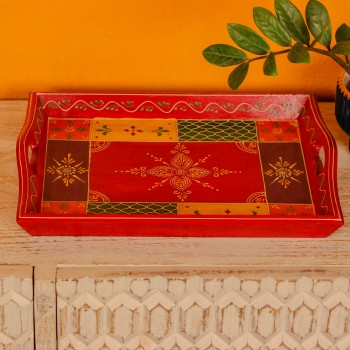 Large hand painted wooden serving tray paisley design Rajasthani decor