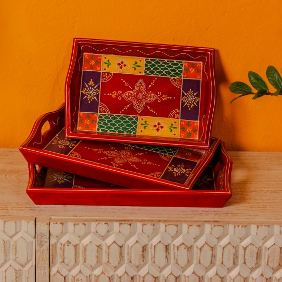 Set of 3 hand painted wooden serving trays paisley design Rajasthani decor