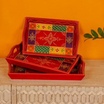 Set of 3 hand painted wooden serving trays paisley design Rajasthani decor
