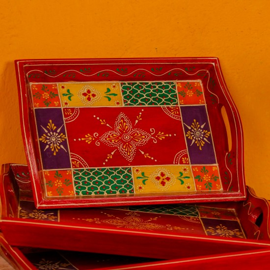 Set of 3 hand painted wooden serving trays paisley design Rajasthani decor