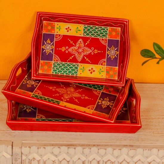 Set of 3 hand painted wooden serving trays paisley design Rajasthani decor