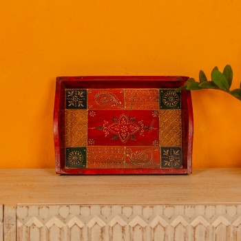 Small antique hand painted wooden serving tray paisley design Rajasthani decor