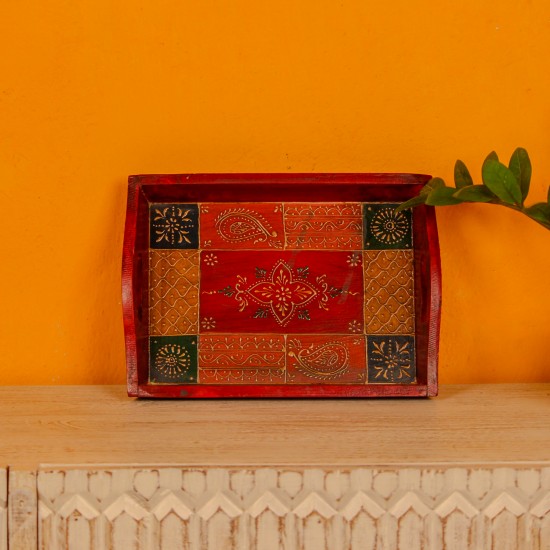 Small antique hand painted wooden serving tray paisley design Rajasthani decor
