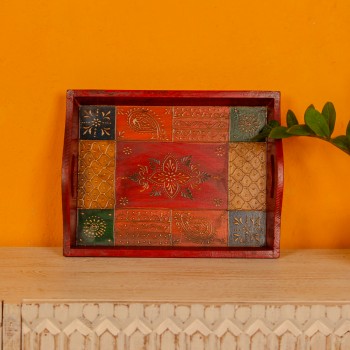 Medium antique hand painted wooden serving tray paisley design Rajasthani decor
