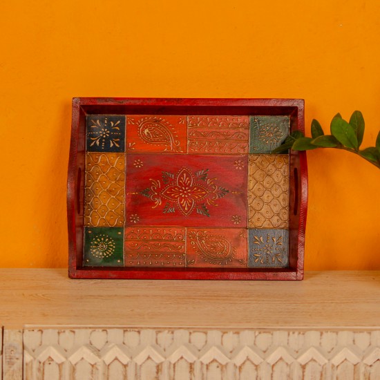 Medium antique hand painted wooden serving tray paisley design Rajasthani decor