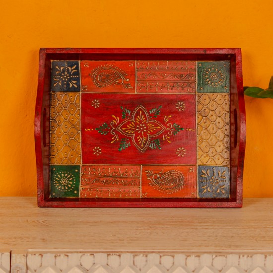 Large antique hand painted wooden serving tray paisley design Rajasthani decor