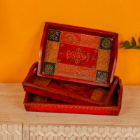 Set of 3 antique hand painted wooden serving trays paisley design Rajasthani decor