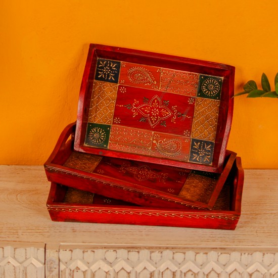 Set of 3 antique hand painted wooden serving trays paisley design Rajasthani decor