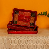 Set of 3 antique hand painted wooden serving trays paisley design Rajasthani decor