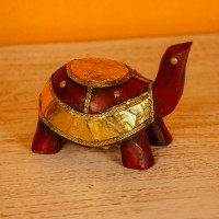 Maroon wooden tortoise figurine brass inlay Rajasthani Indian decor