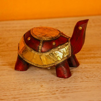 Maroon wooden tortoise figurine brass inlay Rajasthani Indian decor