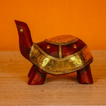 Maroon wooden tortoise figurine brass inlay Rajasthani Indian decor