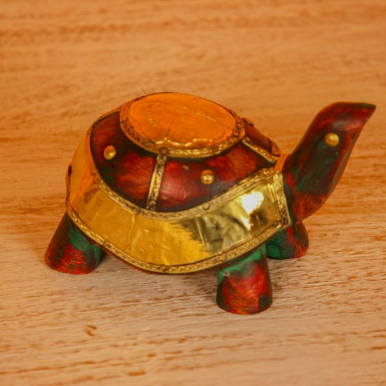 Maroon green wooden tortoise figurine brass inlay Rajasthani Indian decor