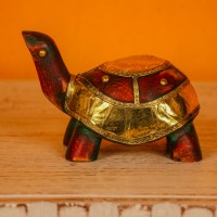 Maroon green wooden tortoise figurine brass inlay Rajasthani Indian decor