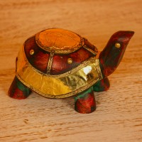Maroon green wooden tortoise figurine brass inlay Rajasthani Indian decor