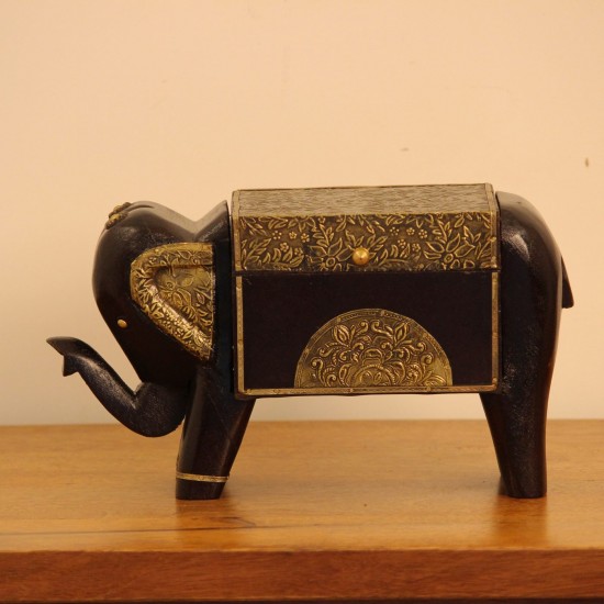 Dark wooden elephant-shaped decorative box with gold detailing and four sturdy legs.